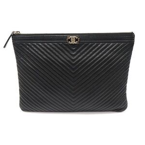 Black Lambskin Chevron Gold Boy New Medium Clutch Bag